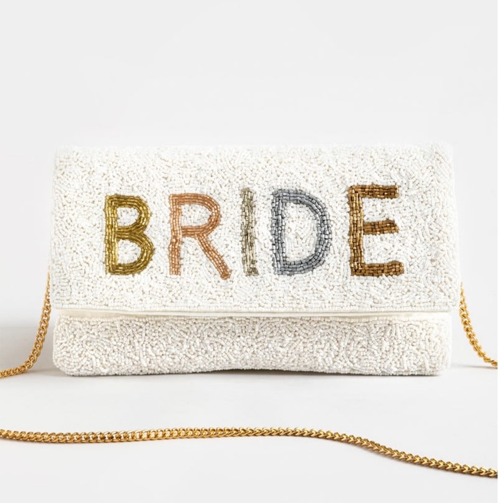 Bride Beaded Clutch W gold strap easy to tuck in